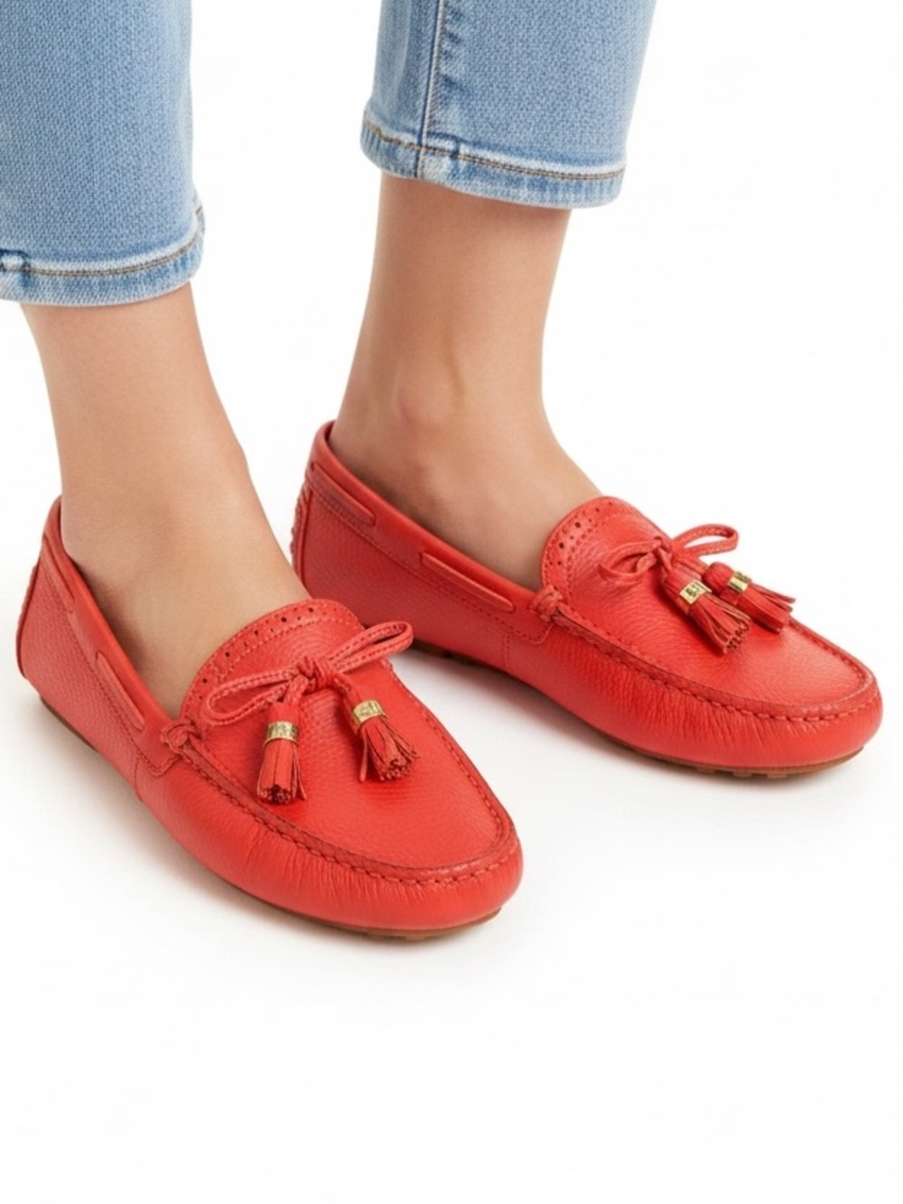 Lauren Ralph Lauren Cassady Red Leather Driving Loafers Tassel Moccasins Women’s